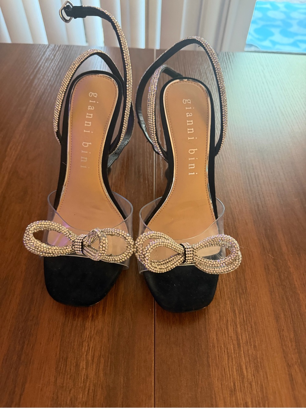 Gianni Bini Black Heels with Crystal Bow and Clear Strap